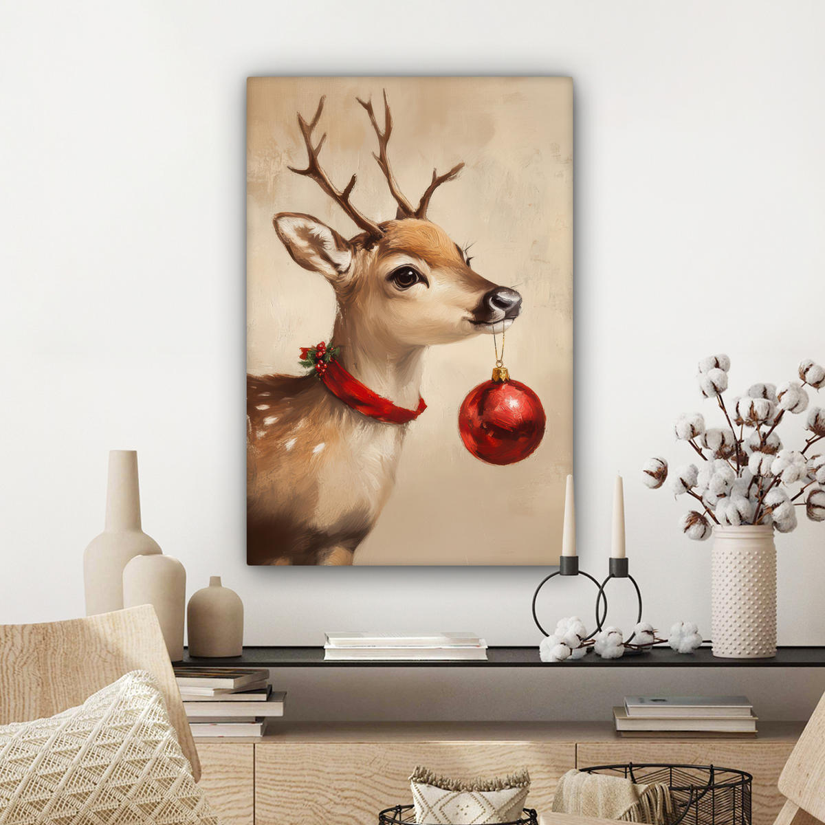 LEINWANDBILD Weihnachten - Hirsch - Geweih - Weihnachtskugel - Rentier Wanddeko Schlafzimmer 60x90 cm - Hellbraun, Textil (60/90cm) - MuchoWow
