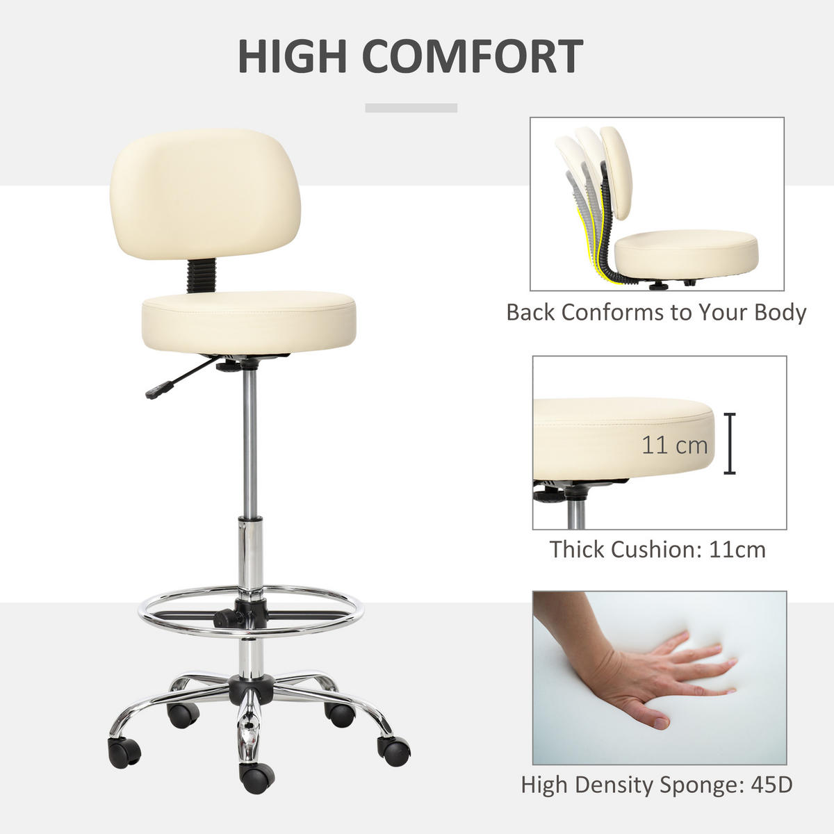 BARHOCKER Drehstuhl Höheverstellbarer Barstuhl mit Lehne aus Kunstleder-Leder - Beige, Kunststoff (57/104/56cm) - HOMCOM