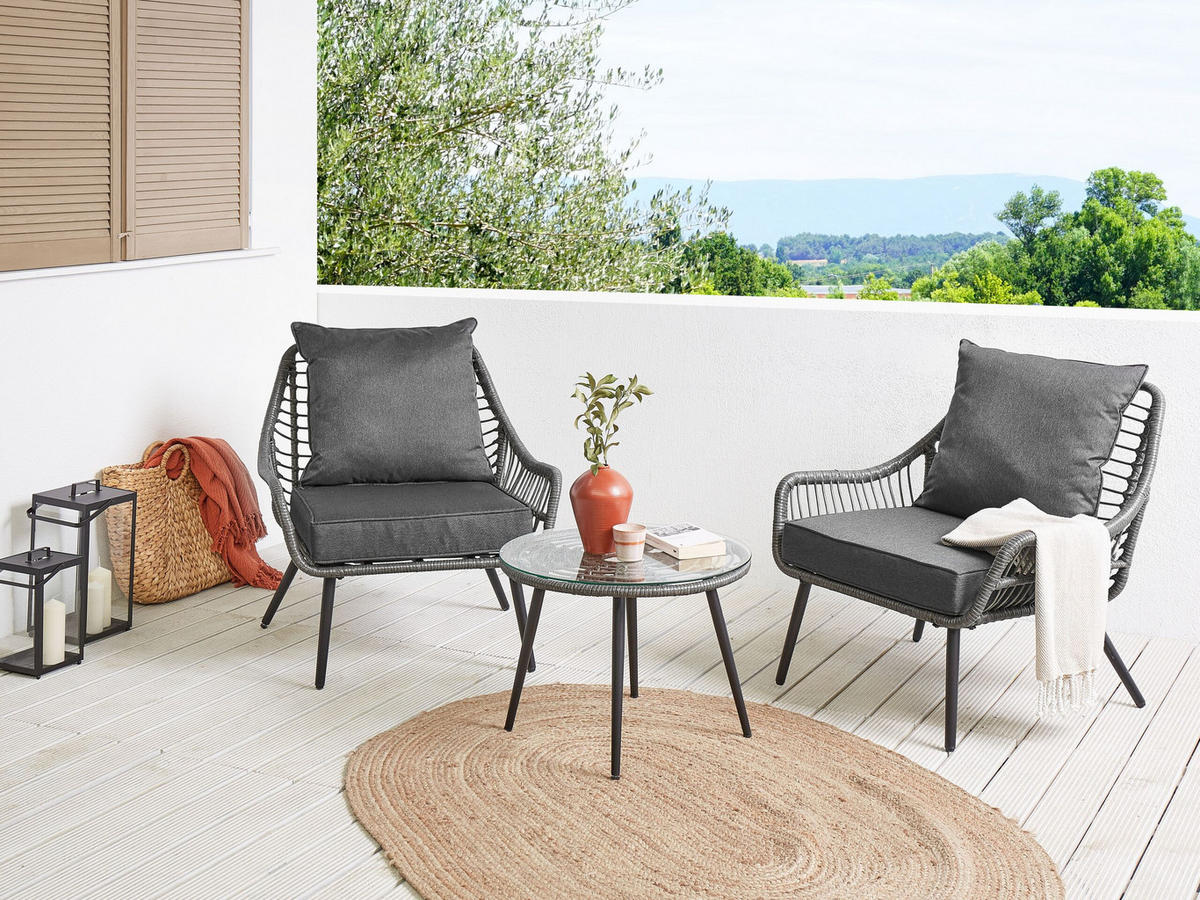 BALKONSET 2-Sitzer Rattan hellgrau Auflagen grau Laureto - Grau, Kunststoff/Textil - Beliani