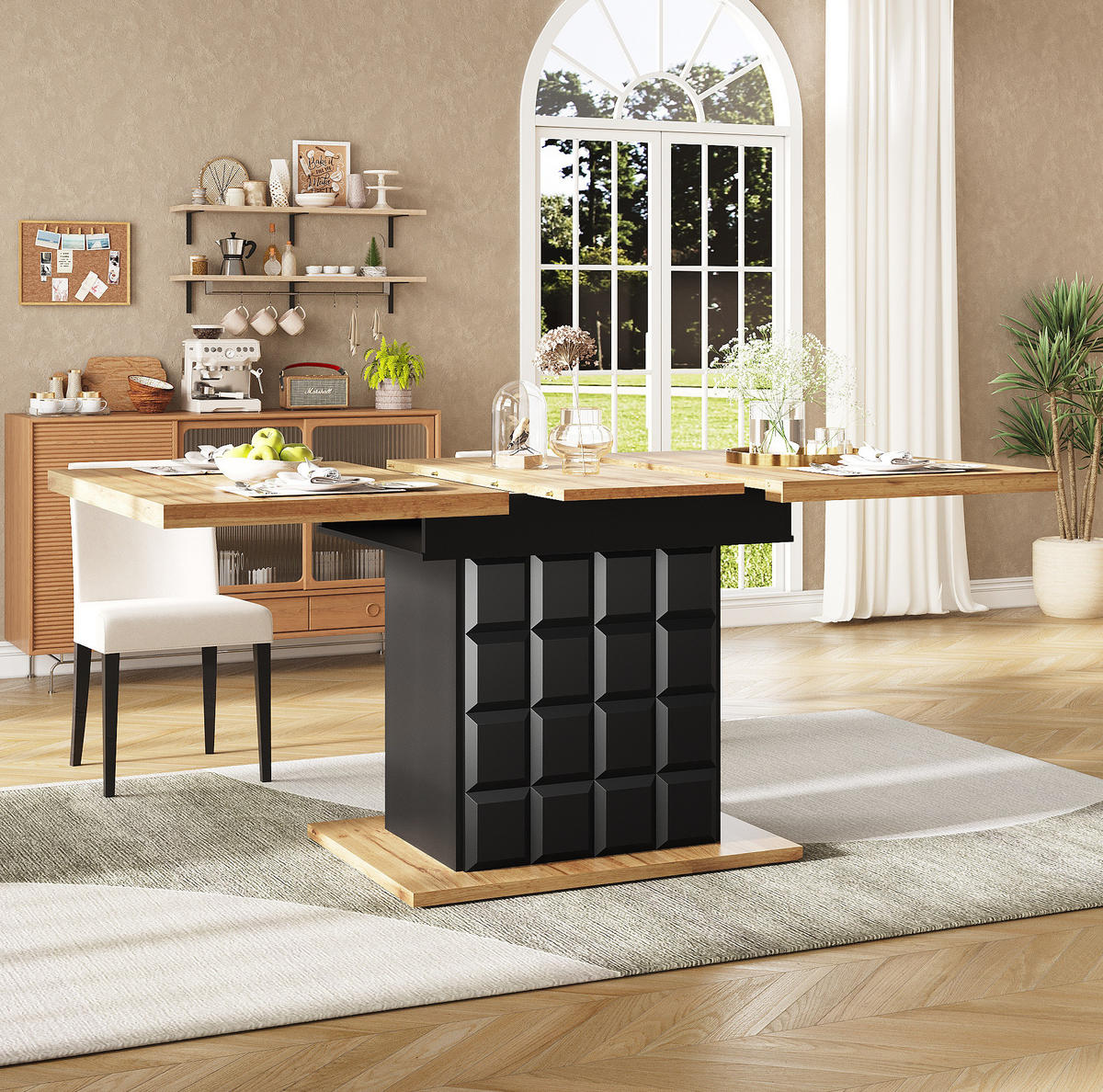 ESSTISCH 110-140/80/75 cm Schwarz/Natur aus MDF mit Auszug und Stauraum - Schwarz, Holzwerkstoff (110/80/75cm) - OKMYHOME