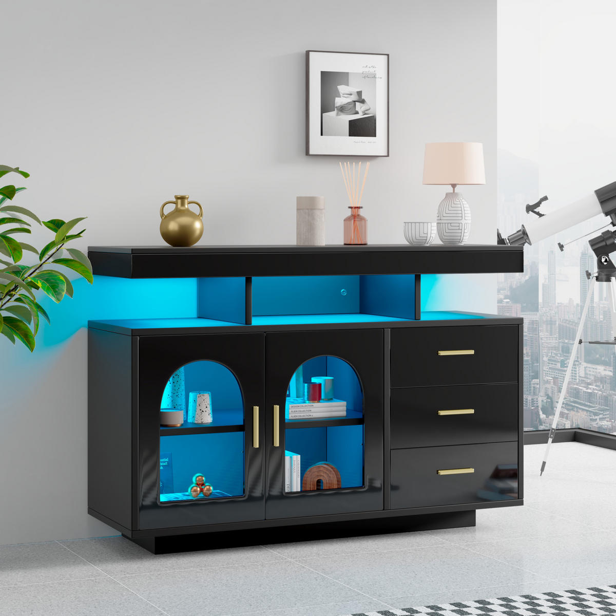SIDEBOARD 120/40/80 cm aus Spanplatte mit Hochglanzfront und LED-Beleuchtung Schwarz - Schwarz, Holzwerkstoff (120/80/40cm) - Modenvie