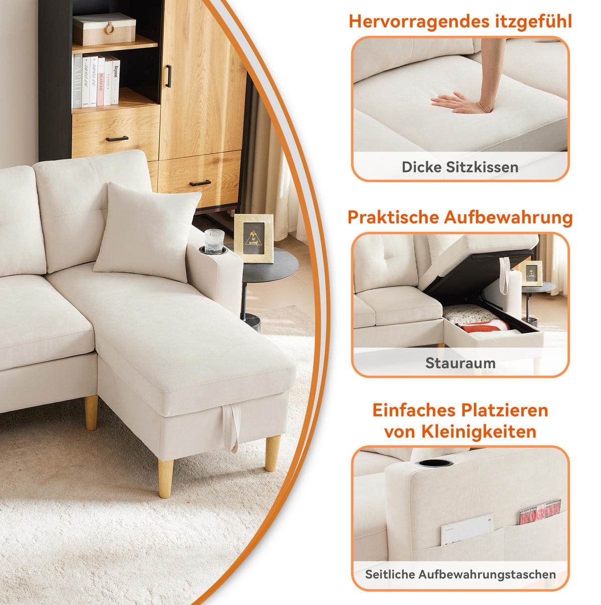 ECKSOFA 175/129/90 cm Beige aus Baumwoll-Leinen mit Stauraum - Beige, Textil (129/175cm) - OKWISH