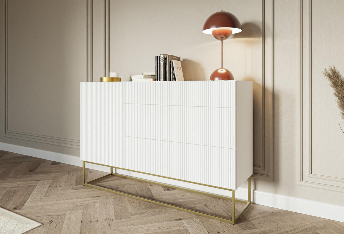 SIDEBOARD Veldio Weiß mit 3 Schubladen 140 cm - Goldfarben/Weiß, Holzwerkstoff/Metall (140/90/38cm) - Selsey