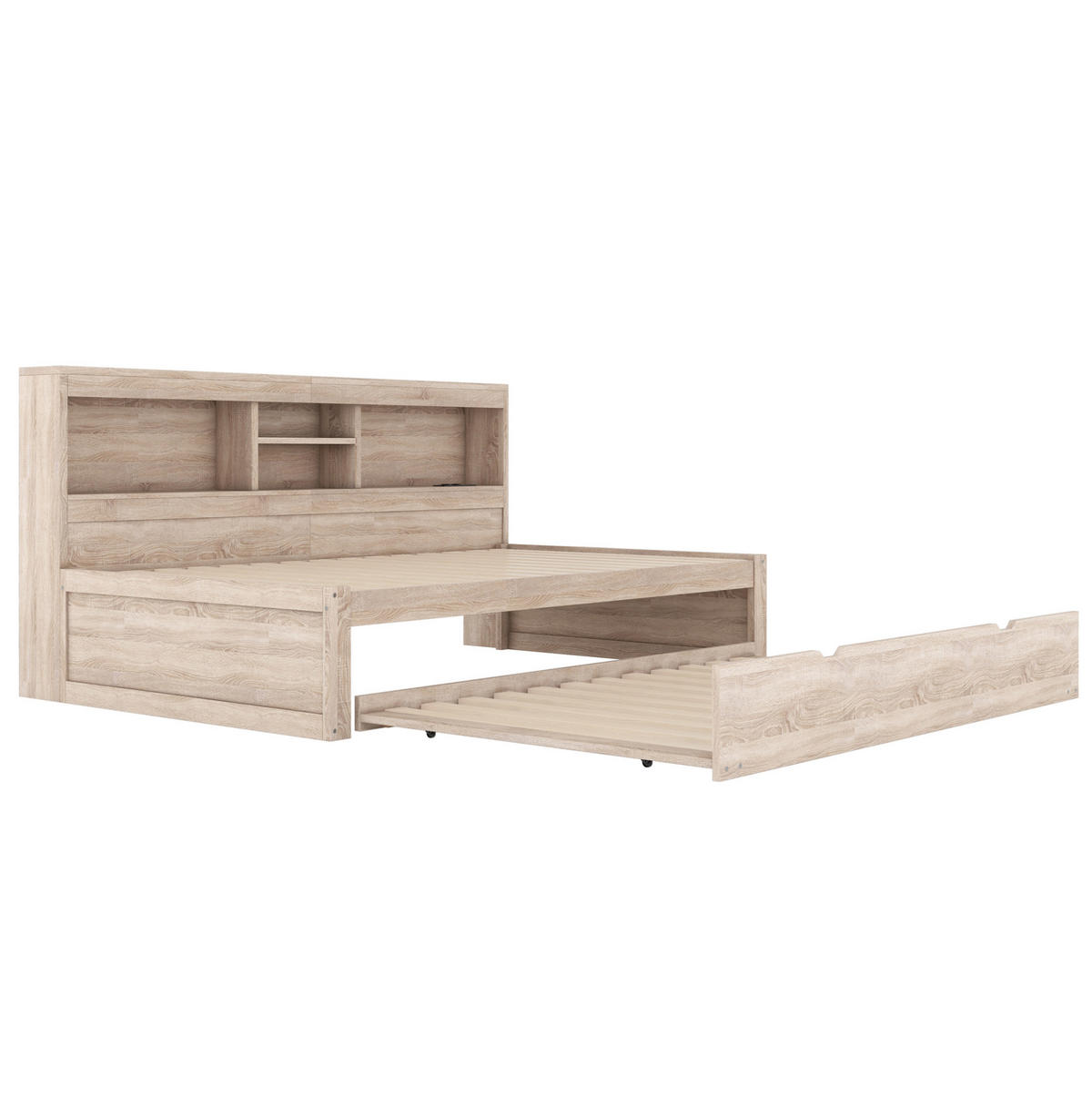 TAGESBETT aus Spanplatte und MDF 90x200 cm Natur mit LED-Beleuchtung, USB-Anschluss, Steckdose, Ausziehbett und Stauraum - Naturfarben, Holzwerkstoff (90/200cm) - Modfu