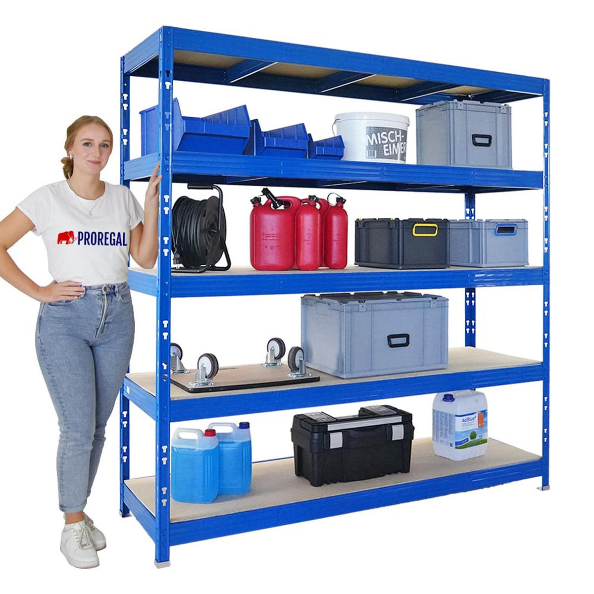 SCHWERLASTREGAL Rhino 200x200x60 cm 5 Spanplatten-Ebenen 8mm Fachlast 500 kg Blau - Blau, Metall (200/200/60cm) - PROREGAL