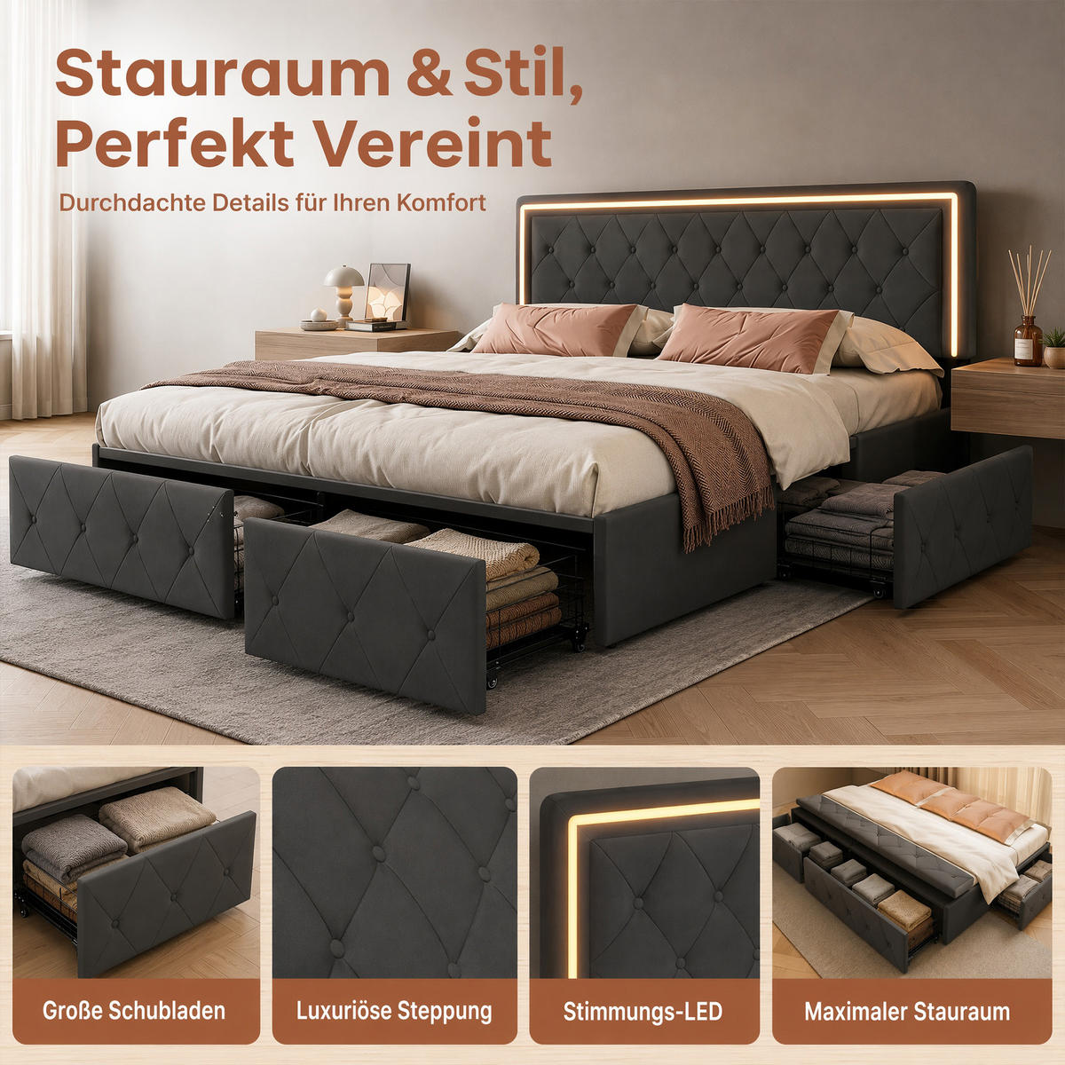 POLSTERBETT 160x200 mit LED und Stauraum, Lattenrost, doppelbett 160x200 mit 4 Schublade, höhenverstellbares Kopfteil, PU grau - Grau, Leder/Holz (160/200cm) - GENKI LIVING