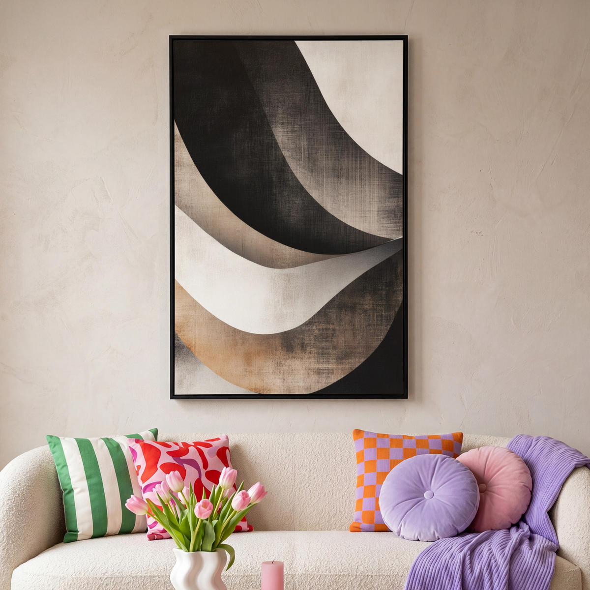 LEINWAND Bilder mit Rahmen - Abstrakt - Wellen - Schwarz - Verwittert - 100x150 - Trüffeleichefarben, Textil (100/150cm) - MuchoWow