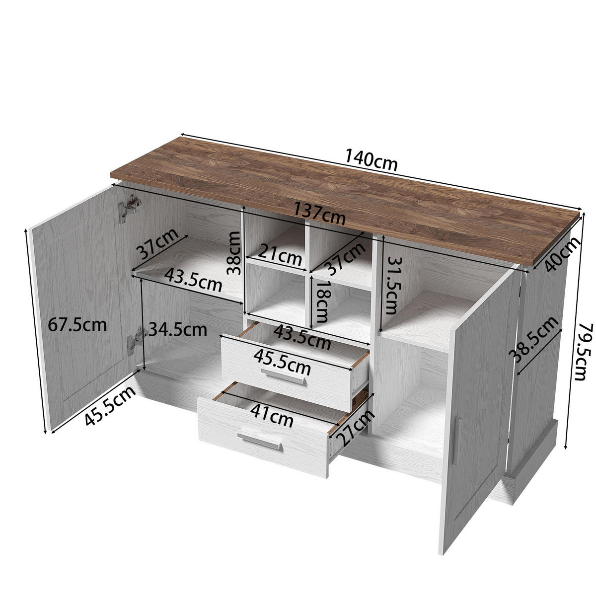 SIDEBOARD mit 2 Türen und 2 Schubladen 140 x 40 x 79,5 cm Brown White Wood - Braun, Holzwerkstoff (140/79.5/40cm) - Meubliv