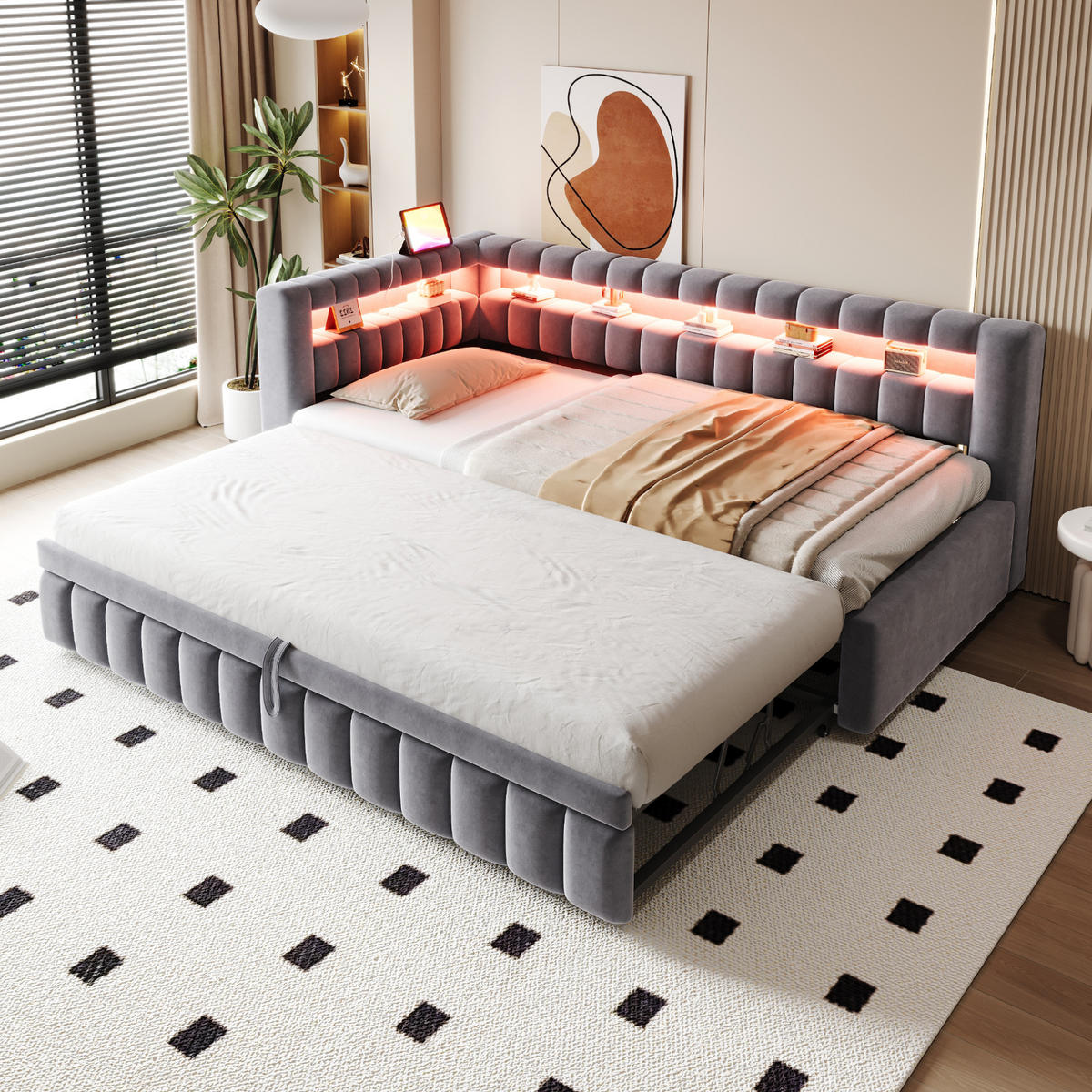 SCHLAFSOFA 90/200 cm & 90/190 cm in Dunkelgrau Samt mit Ausziehbett, LED und USB - Grau, Holzwerkstoff/Textil (90/200cm) - WISHDOR