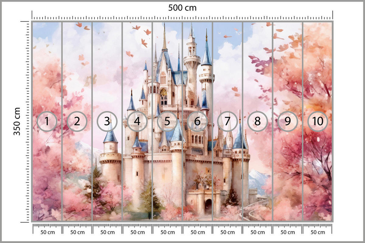FOTOTAPETE für Kinderzimmer Märchenschloss Aquarell 500x350 - Blau/Violett, Papier (500/350cm) - Muralo