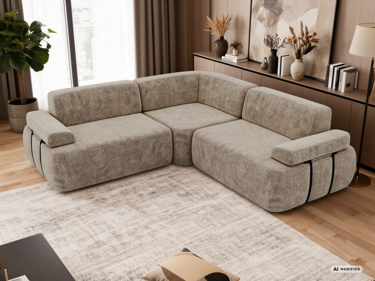 ECKSOFA MIREO L - Beige Schenille grob gewebt - Beige/Schwarz, Kunststoff/Textil (257/257cm) - MKS