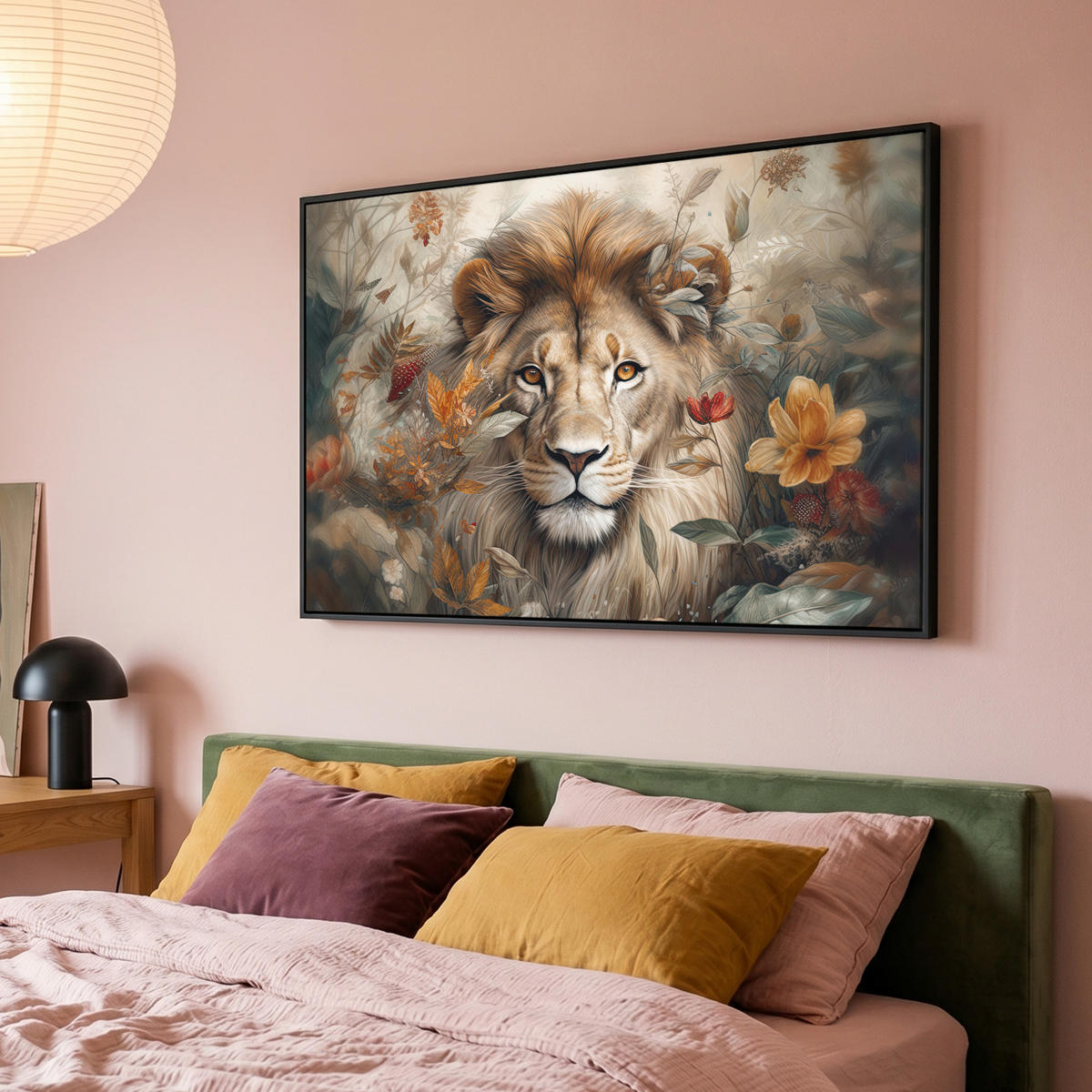 LEINWAND Bilder mit Rahmen - Löwe - Wildtiere - Pflanzen - Natur - Blumen - 120x80 - Beige, Textil (120/80cm) - MuchoWow