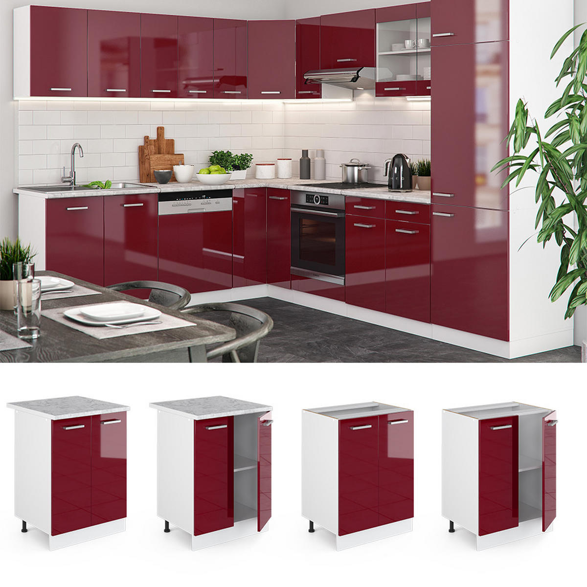 KÜCHENUNTERSCHRANK R-Line Rot Hochglanz 60 cm, AP Marmor - Rot/Weiß, Holzwerkstoff (60/81.6/60cm) - Vicco
