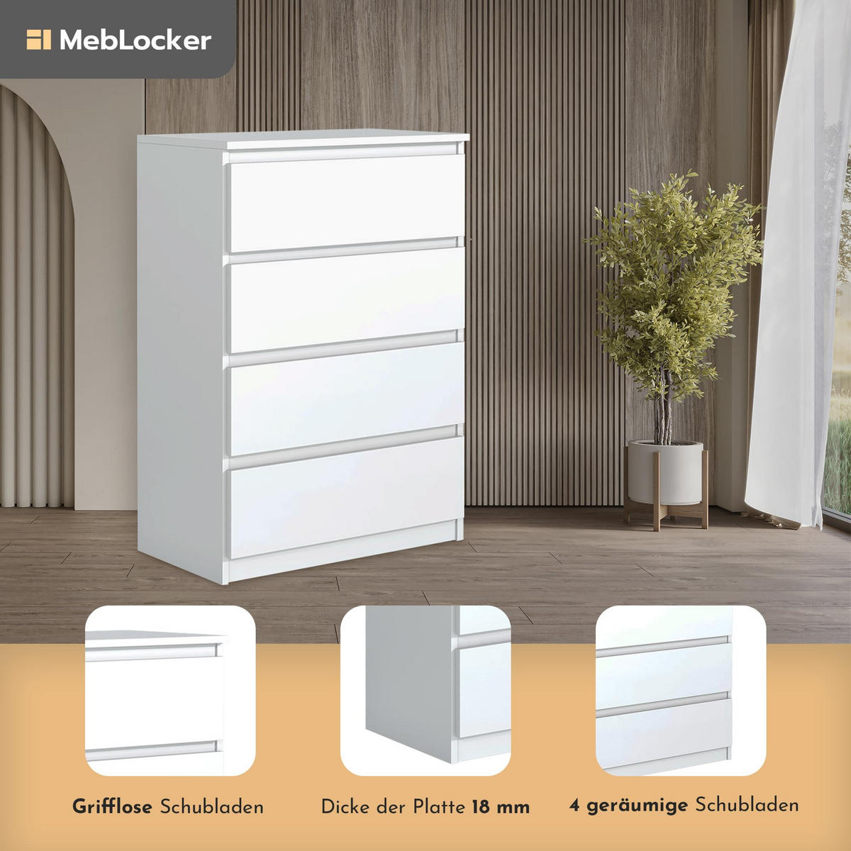 KOMMODE mit 4 Schubladen Weiß - Weiß, Holzwerkstoff (102/70/39cm) - MebLocker