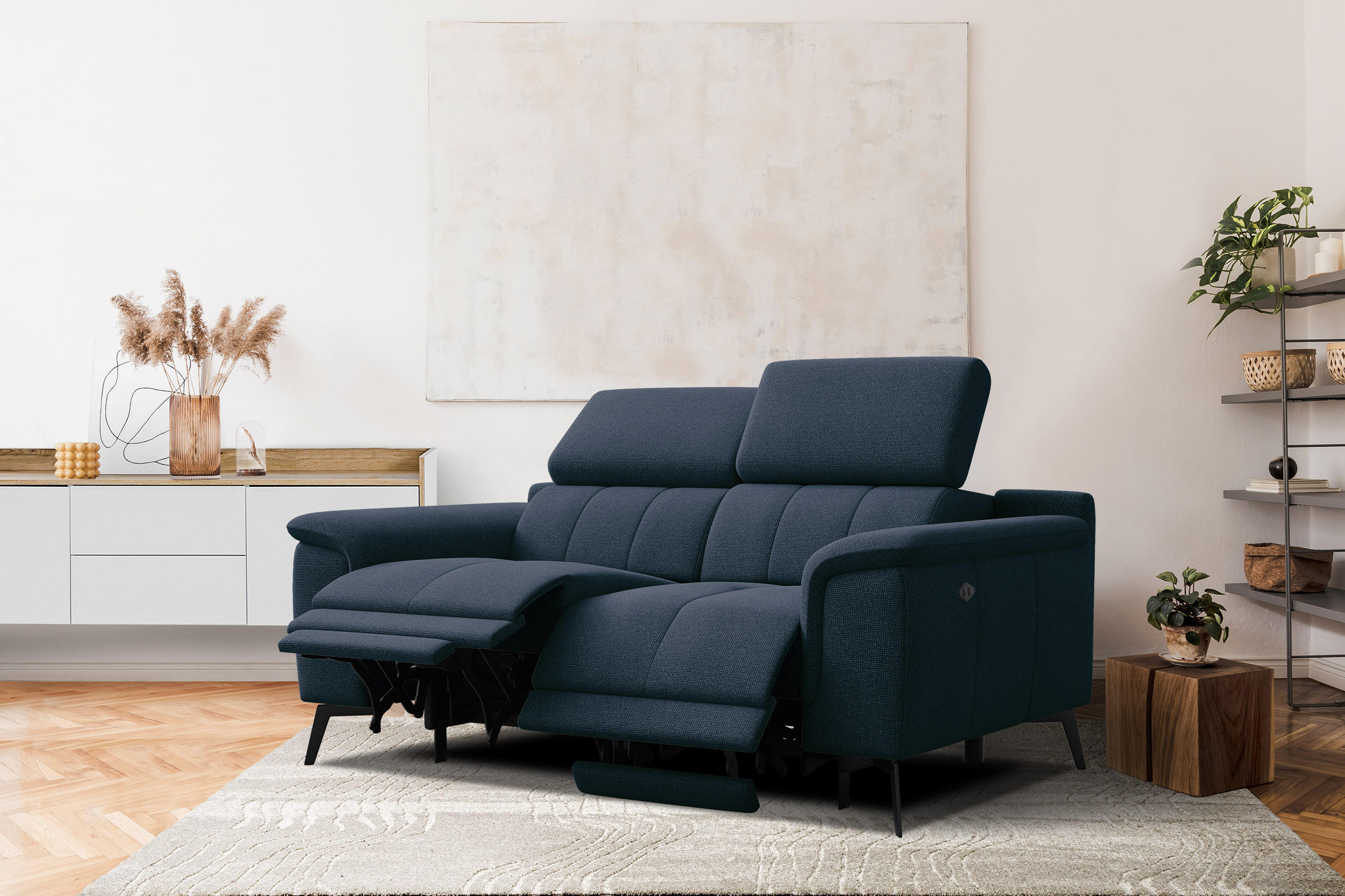 RELAXSOFA FIERO 2-Sitzer mit 2 Relaxfunktionen, dunkelblau - Schwarz/Dunkelblau, Holzwerkstoff/Textil (170/82/103cm) - Courtois Laville