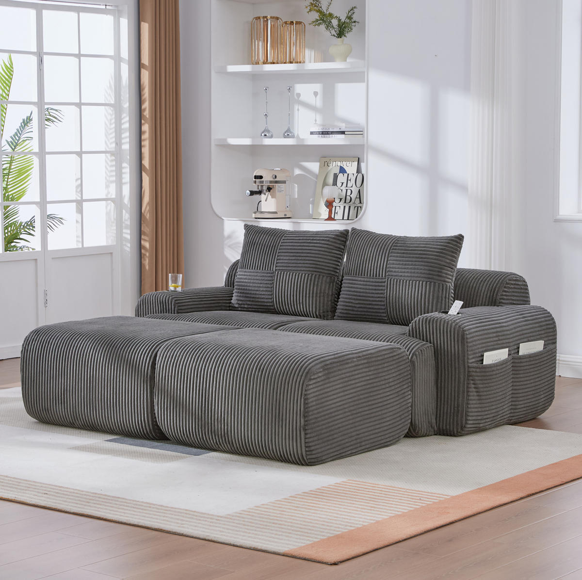 MODULARES 2-Sitzer Sofa Cordstoff mit Getränkehalter und Seitentasche 200/174/80 cm Dunkelgrau - Dunkelgrau, Textil (174/80/200cm) - Redom