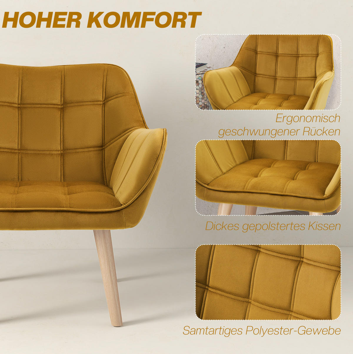 OHRENSESSEL Polyester Samt-Optik skandinavisch Holzbeine, Metallrahmen 67/61,5/71 cm Gelb - Gelb, Textil (61.5/71/67cm) - Redom