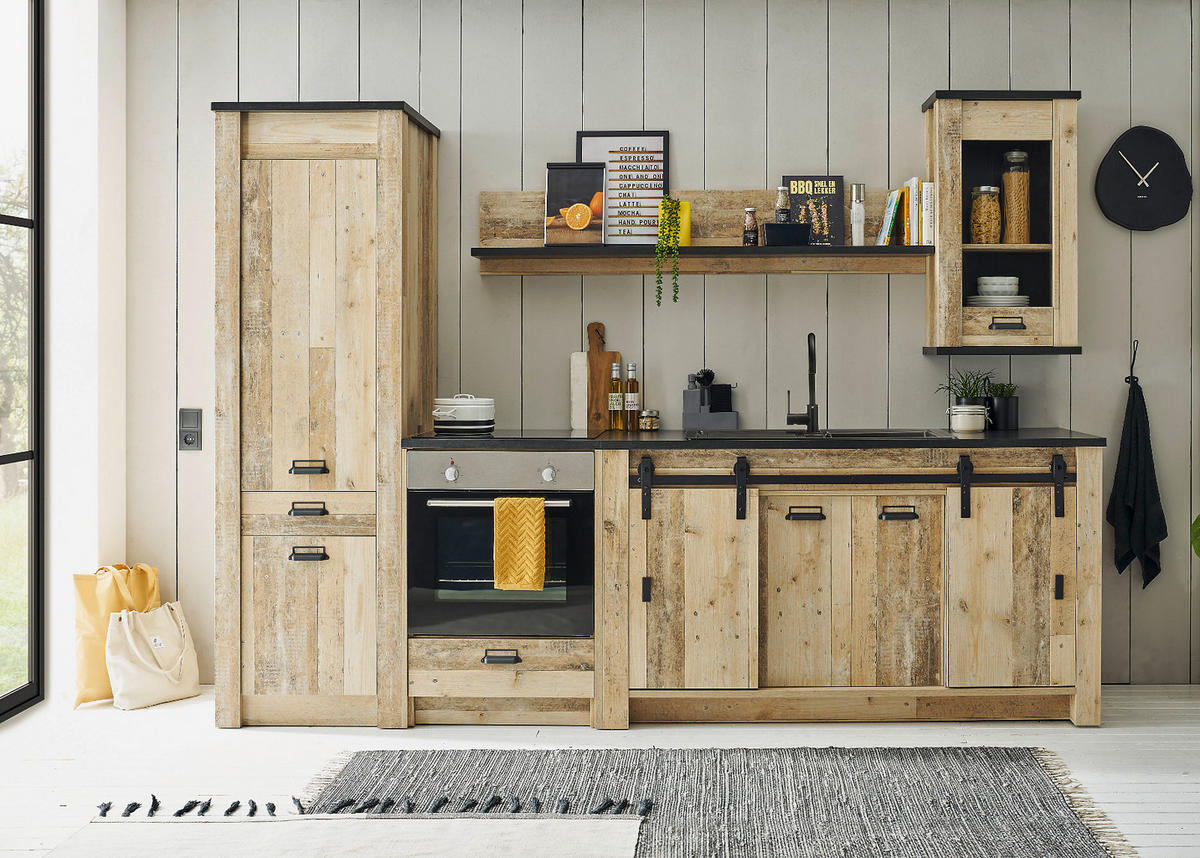 KÜCHENZEILE in Used Wood, anthrazit 284 cm, Küchenschrank-Set 5-teilig mit Soft-Close - Anthrazit/Schwarz, Glas/Holzwerkstoff (284/201/64cm) - Furn.Design