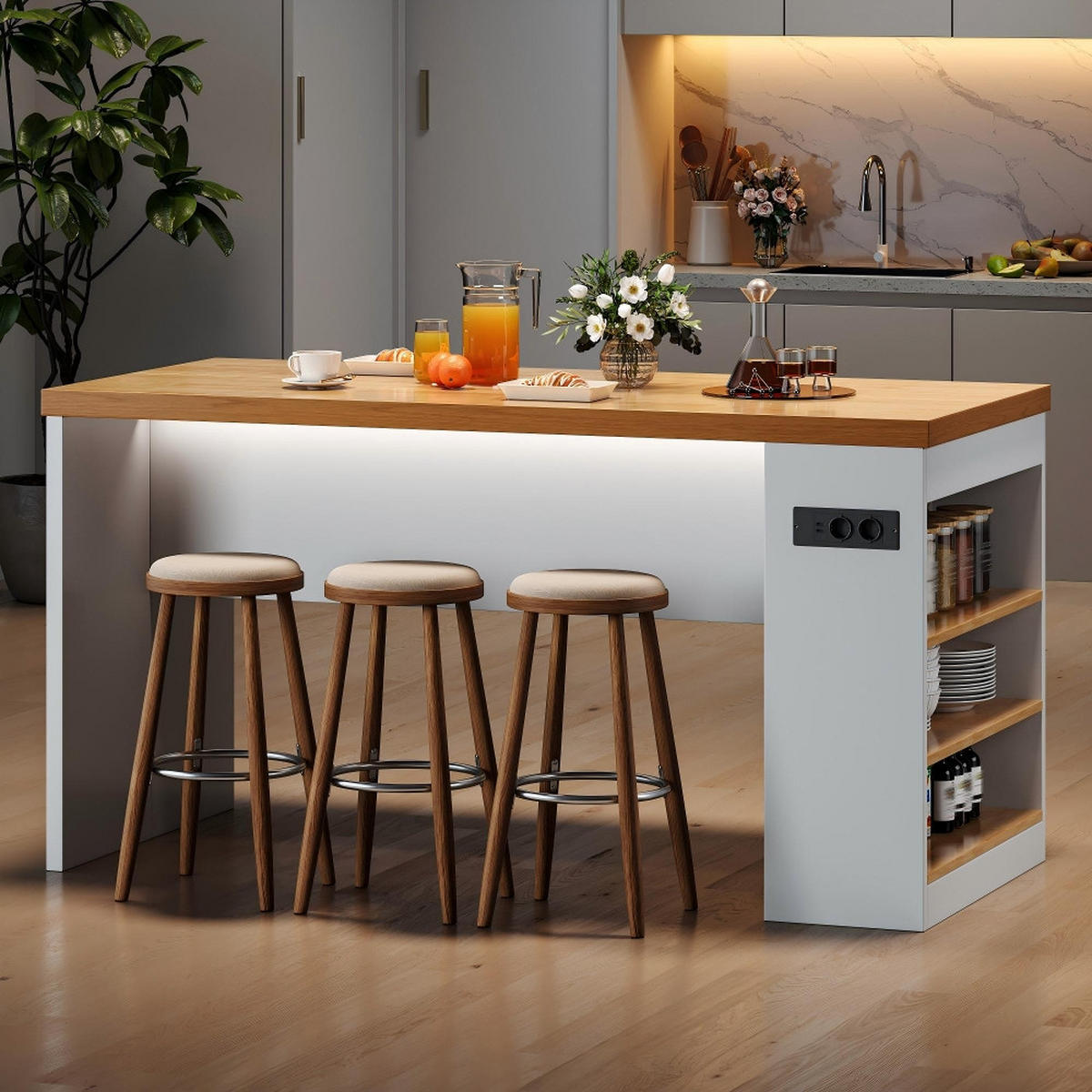 KÜCHENINSEL mit LED, 40mm Arbeitsplatte, Steckdose & USB, 3 Ablagen, 155/80/90 cm - Weiß, Kunststoff (80/90/155cm) - Rolipo