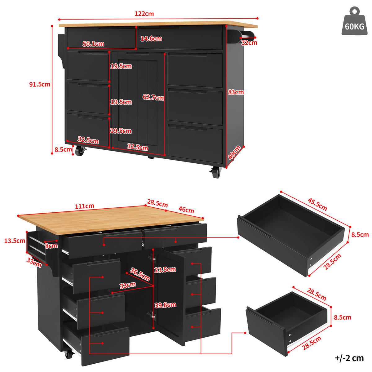 KÜCHENINSEL 122x74.5x91.5cm Schwarz mit 8 Schubladen & 5 Rollen - Schwarz, Holzwerkstoff (122/91.5/74.5cm) - Modfu