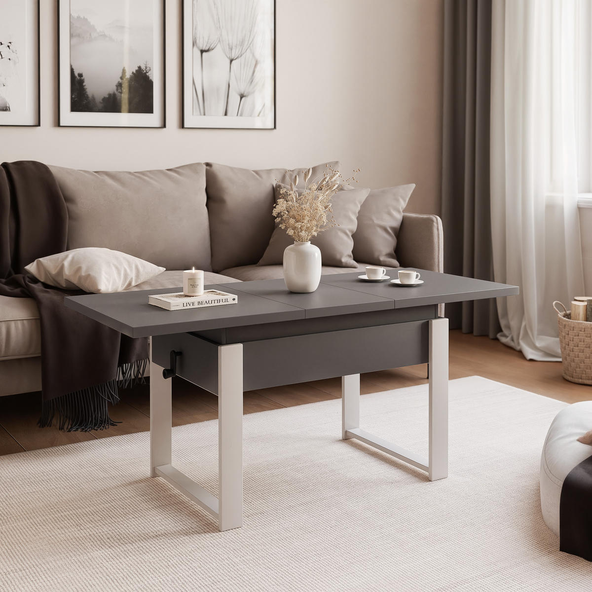 COUCHTISCH TIVOR Multifunktionalität 3-in-1 - Kaschmir/Dunkelgrau, Holzwerkstoff/Metall (67/120/63.5cm) - Idohome