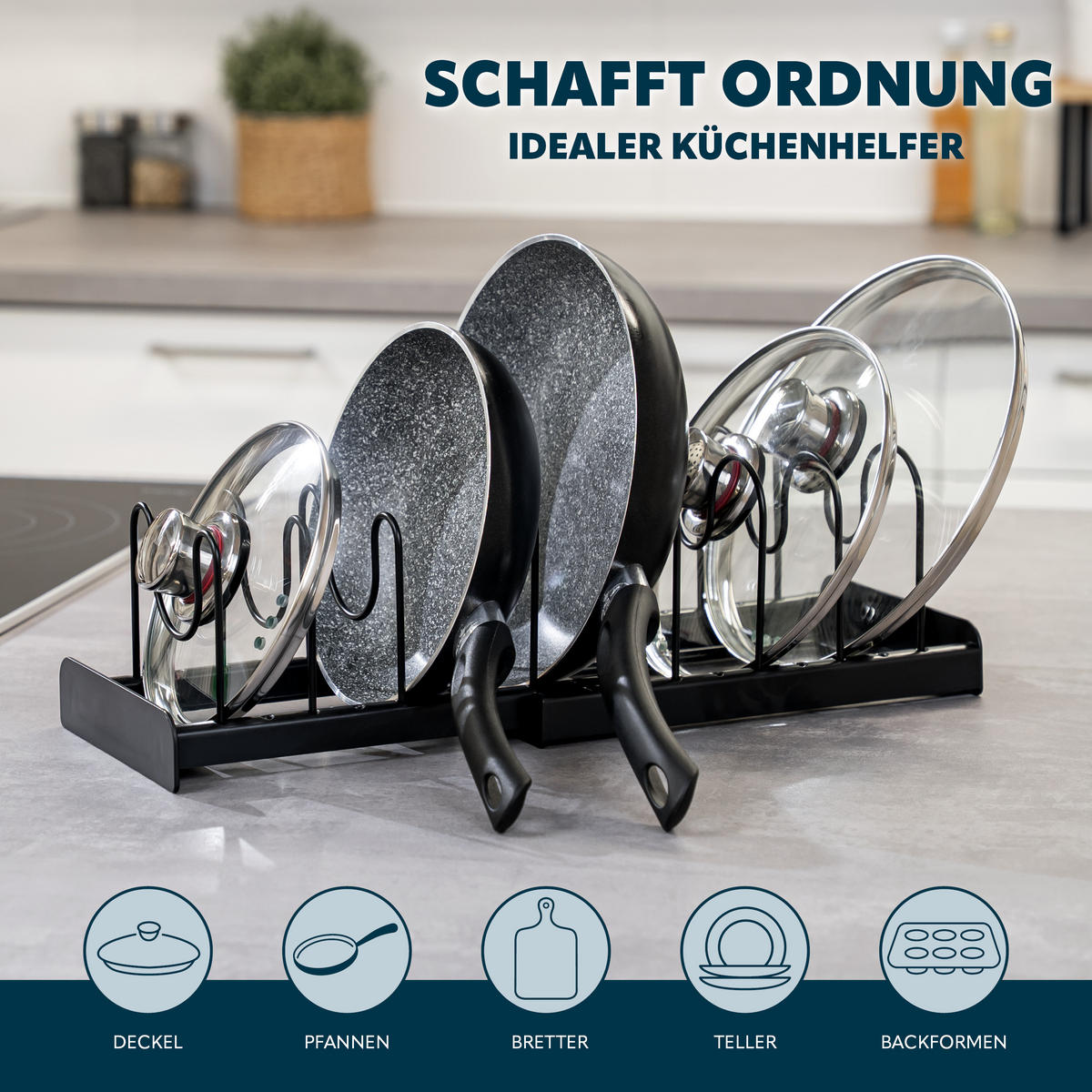 TOPFDECKELHALTER, schwarz - Schwarz, Metall (17/14/47cm) - eluno