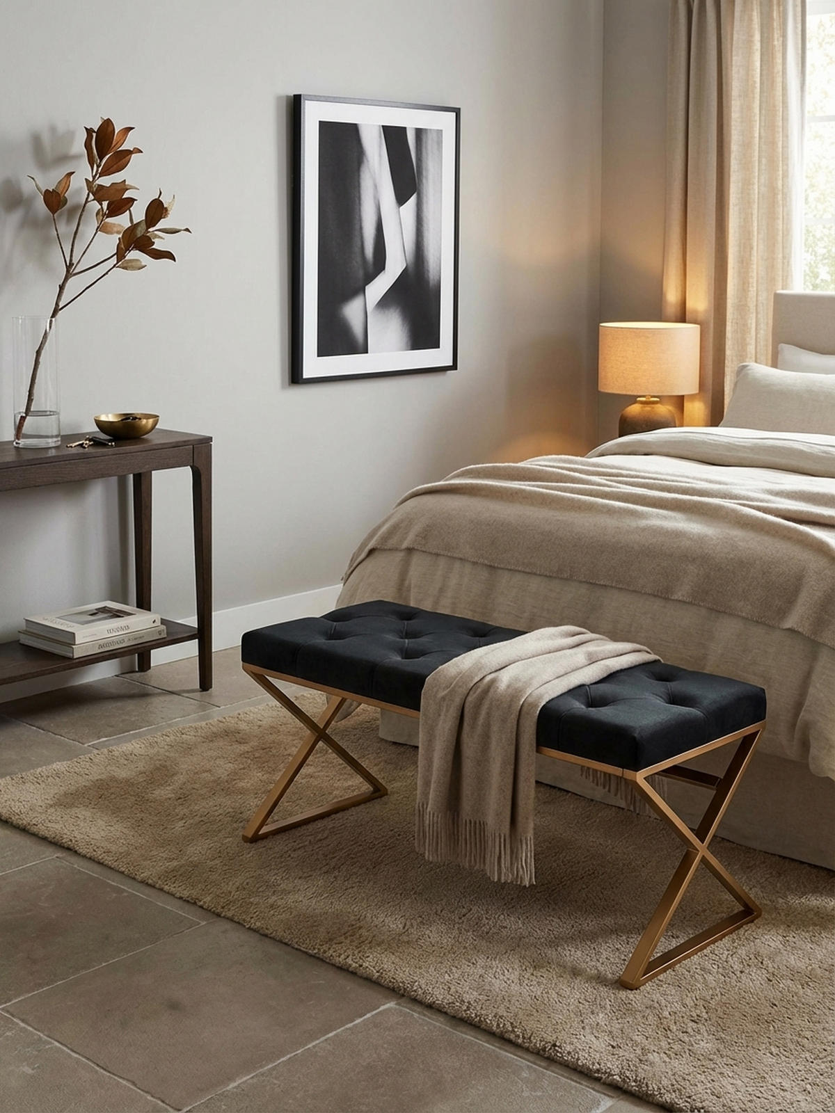 SITZBANK – Samt, Schwarz, Chesterfield-Stil, Metallgestell Gold - Goldfarben/Schwarz, Textil/Metall (90/46/44cm) - KADIMA DESIGN