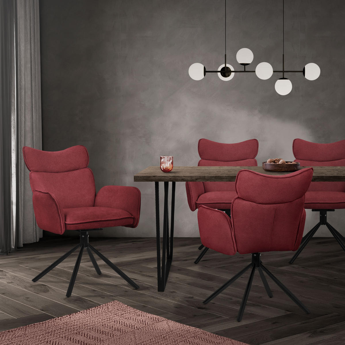 ESSZIMMERSTÜHLE 4er Set drehbar Rot mit Stoffbezug - Rot/Schwarz, Textil/Metall (63/89/68cm) - ML-DESIGN