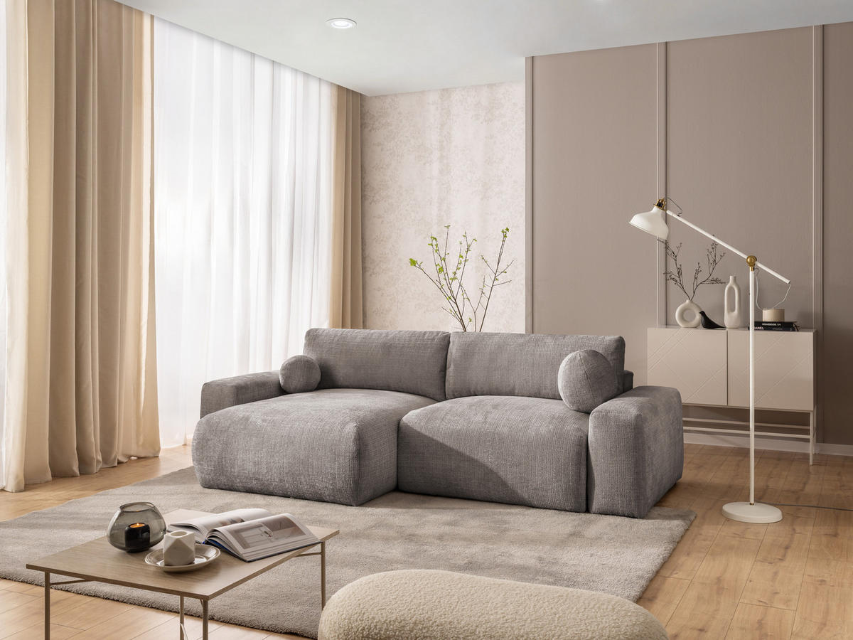 ECKSOFA Puffy mit Schlaffunktion und Bettkasten - besonders weich und puffig aus Taupe Chenille-Stoff - Ottomane links - Taupe/Schwarz, Holz/Kunststoff (138/266cm) - S-Style Möbel