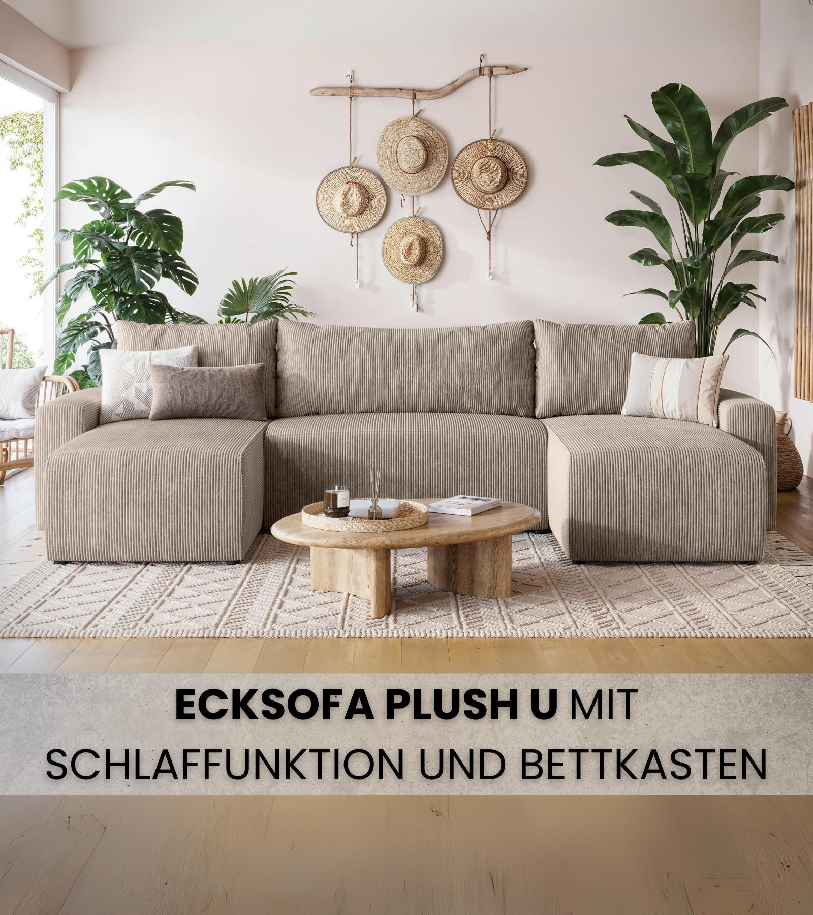 WOHNLANDSCHAFT Plush mit Schlaffunktion Beige Cord - Beige, Kunststoff/Textil (315/72/145cm) - Bromarkt