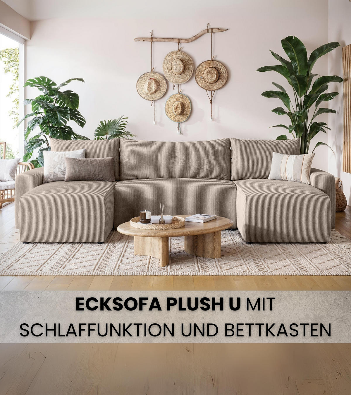 WOHNLANDSCHAFT Plush mit Schlaffunktion Beige Cord - Beige, Kunststoff/Textil (315/72/145cm) - Bromarkt