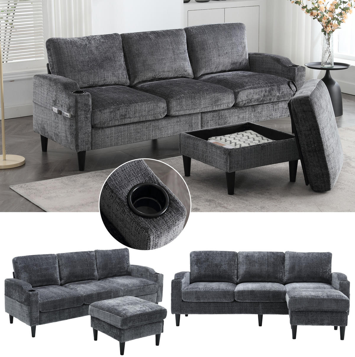 SOFA 4-Sitzer mit Hocker und Stauraum 196,5 x 75 x 77 cm Chenille Gray - Grau, Kunststoff (196.5/77/75cm) - Meubliv