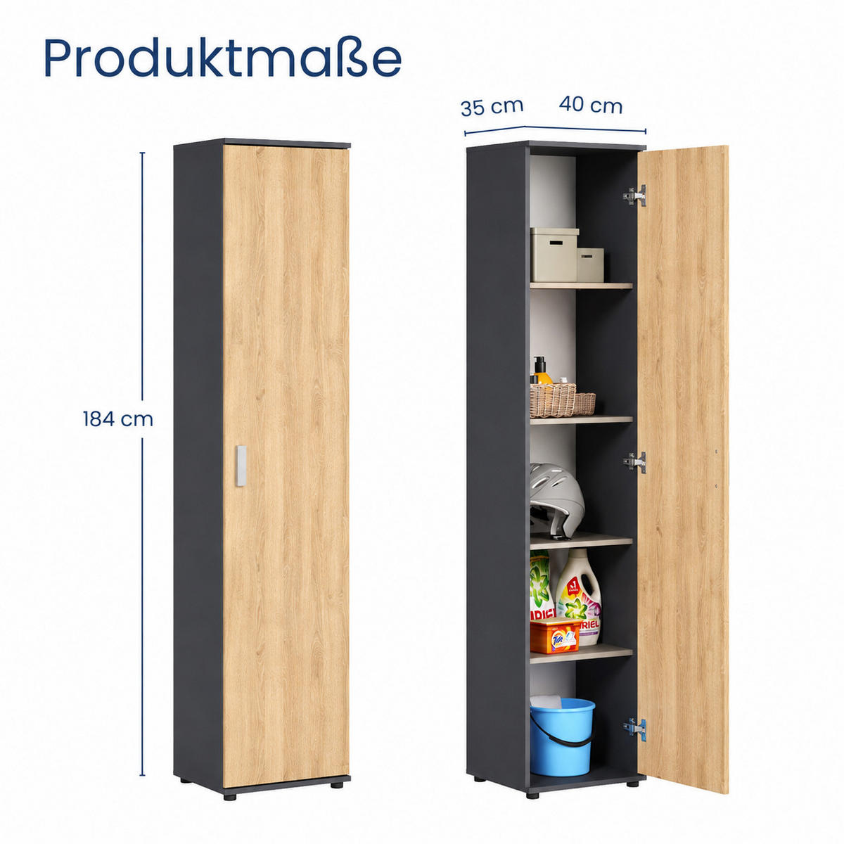 UNIVERZÁLNÍ SKŘÍŇ s 1 dvířky a 4 policemi, antracitová – dub Artisan - antracitová/barva dubu, kompozitní dřevo (40/184/35cm) - Home Collective