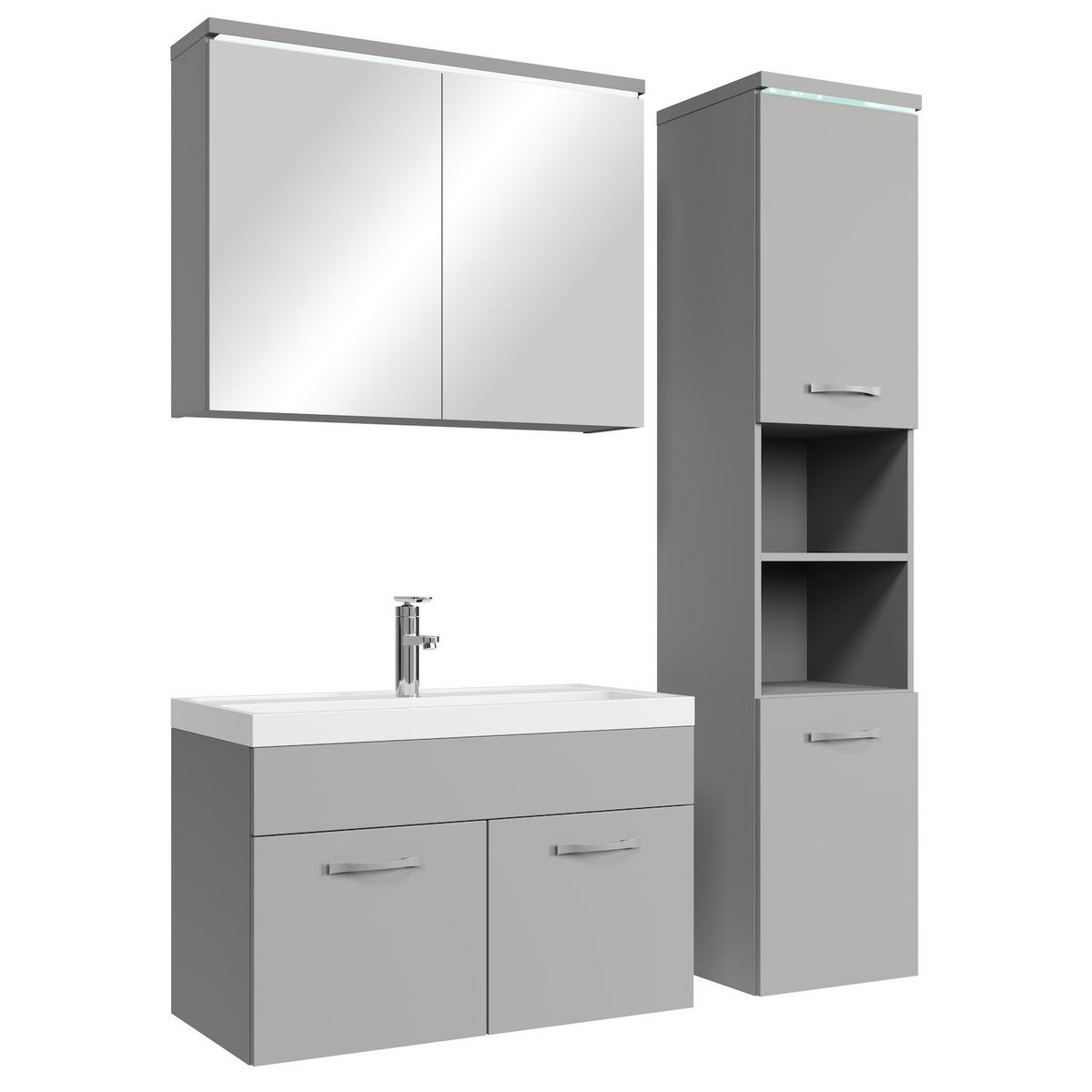 BADMÖBEL-SET Paso LED 4 Teile Grau Matt - 80 x 35 x 55 cm - Grau, Holz (80/55/40cm) - Badplaats