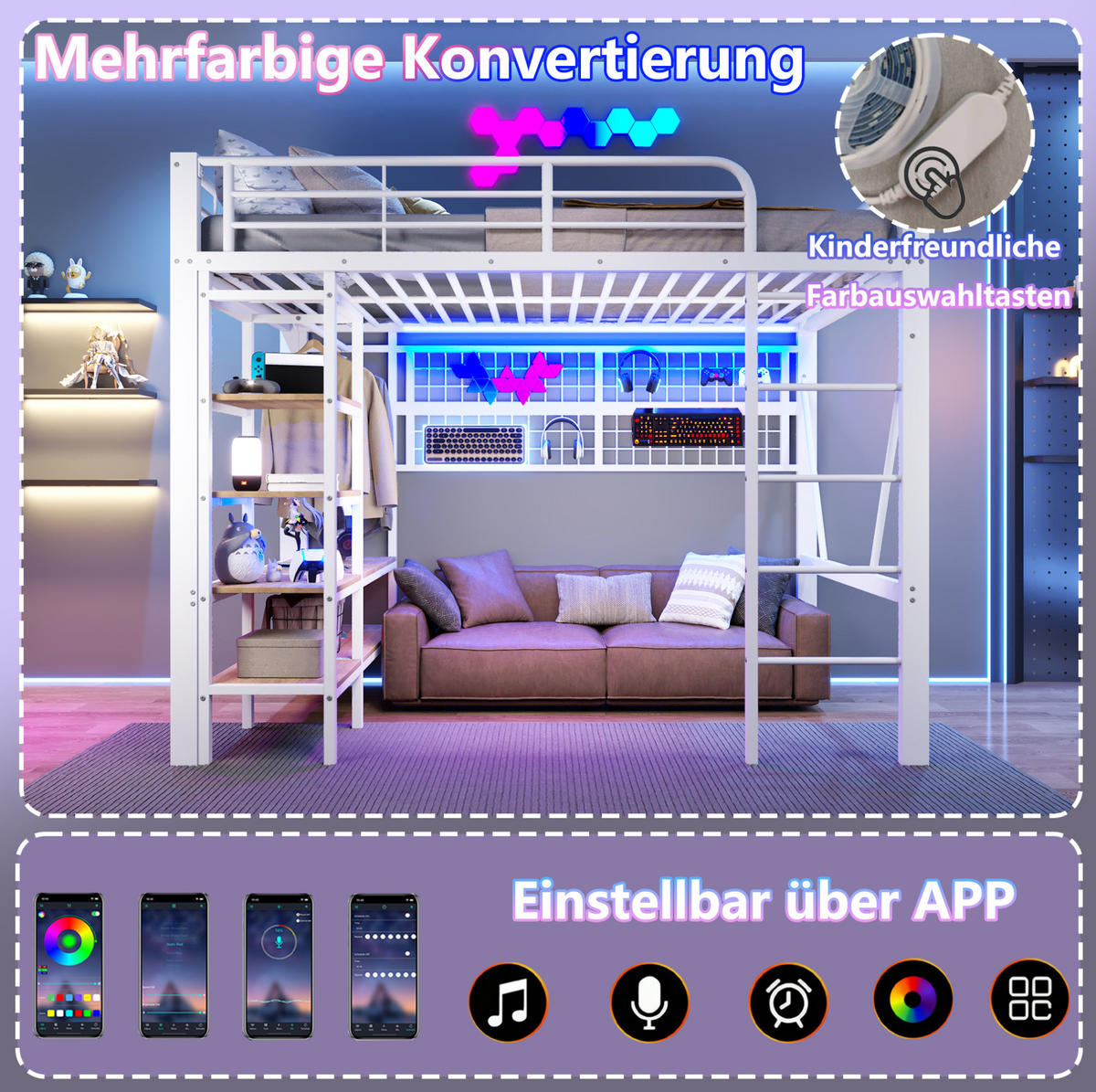 HOCHBETT aus Metall und MDF 140x200 cm Weiß mit LED-Beleuchtung, Ablagefach und Hängenetz - Weiß, Metall (140/200cm) - IVMEU