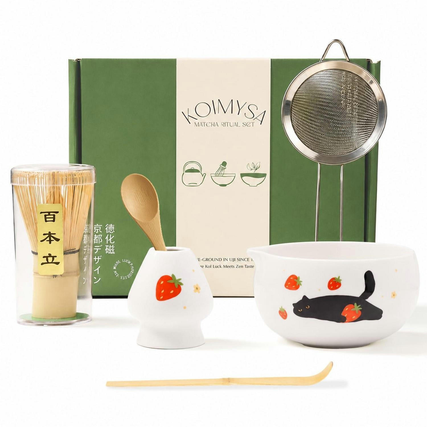 MATCHA Set 5-teiliges Set mit Katzen und Erdbeeren - Weiß, Keramik (13.9/6.6/13.9cm)