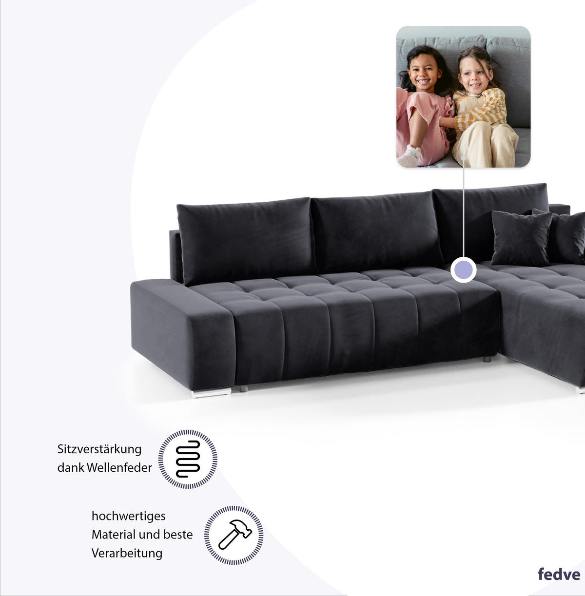 ECKSOFA mit Schlaffunktion Dhaka L Dunkelgrau - Graphitfarben, Textil (185/265cm) - Fedve