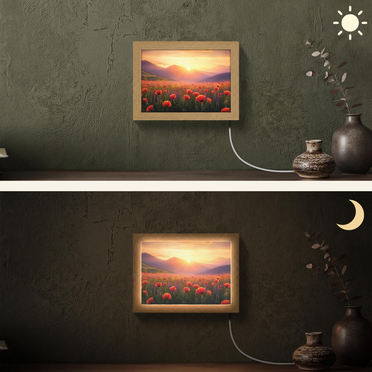 WANDLEUCHTE Landschaft - Sonnenuntergang - Blumenfeld 20x15 cm - Rot, Holzwerkstoff (20/15/8cm) - OnlyWow
