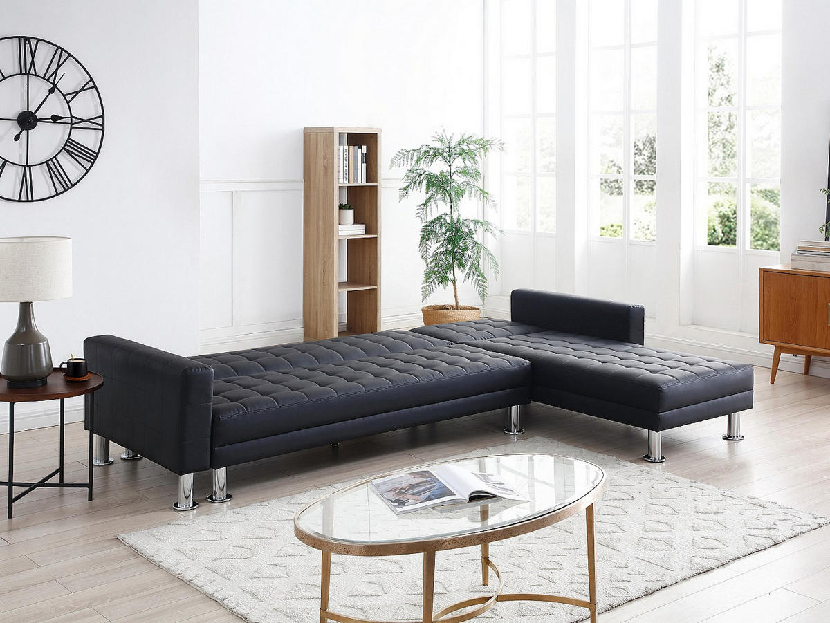 ECKSOFA mit Schlaffunktion - Ecke wechselbar - Kunstleder - Schwarz - WILLIS II - Schwarz, Leder (290/173cm) - Vente-Unique