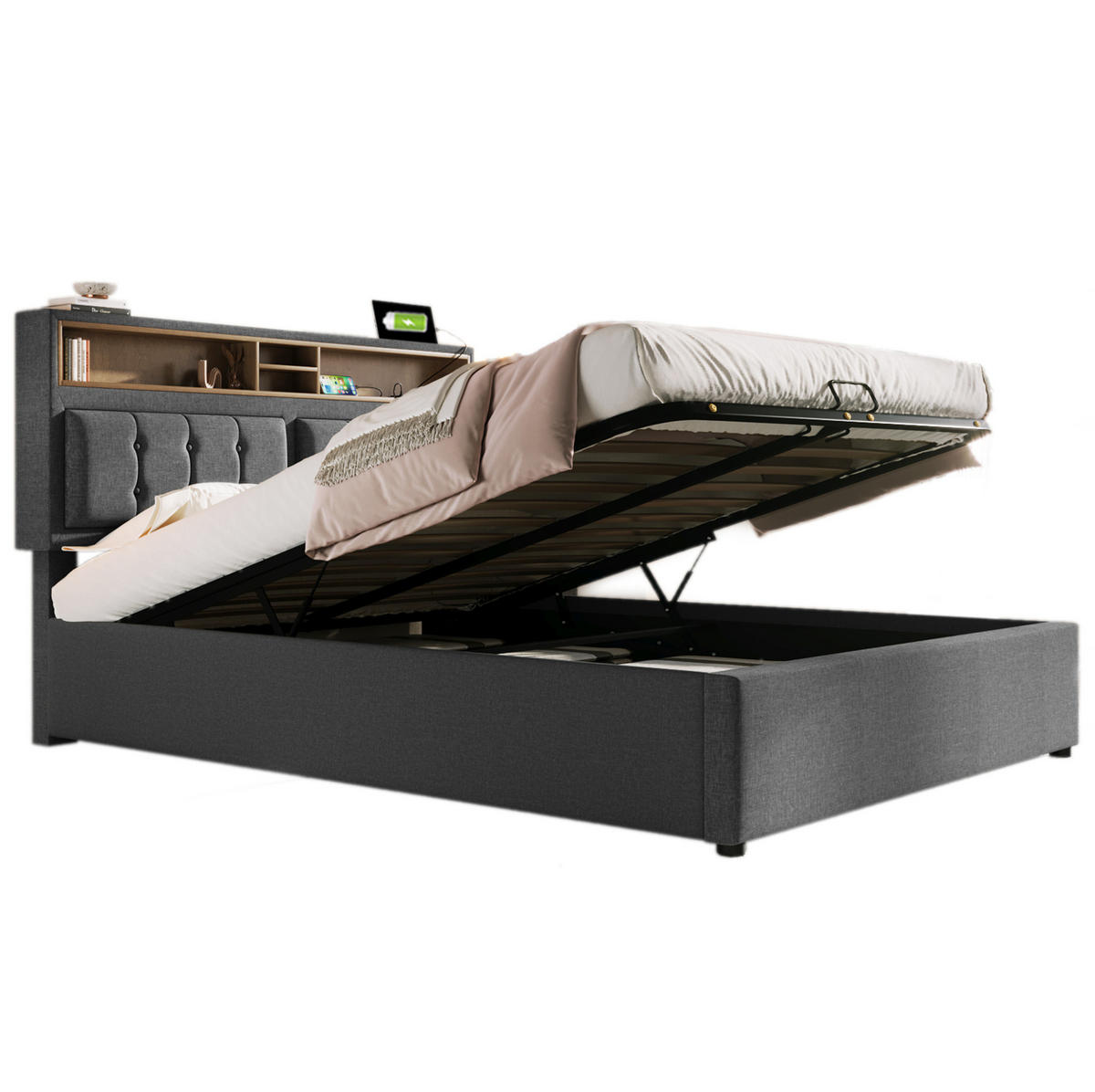 POLSTERBETT 160/200 cm Grau mit Stauraum und USB- und Type-C-Anschlüssen - Grau, Textil (160/200cm) - Flora Grace