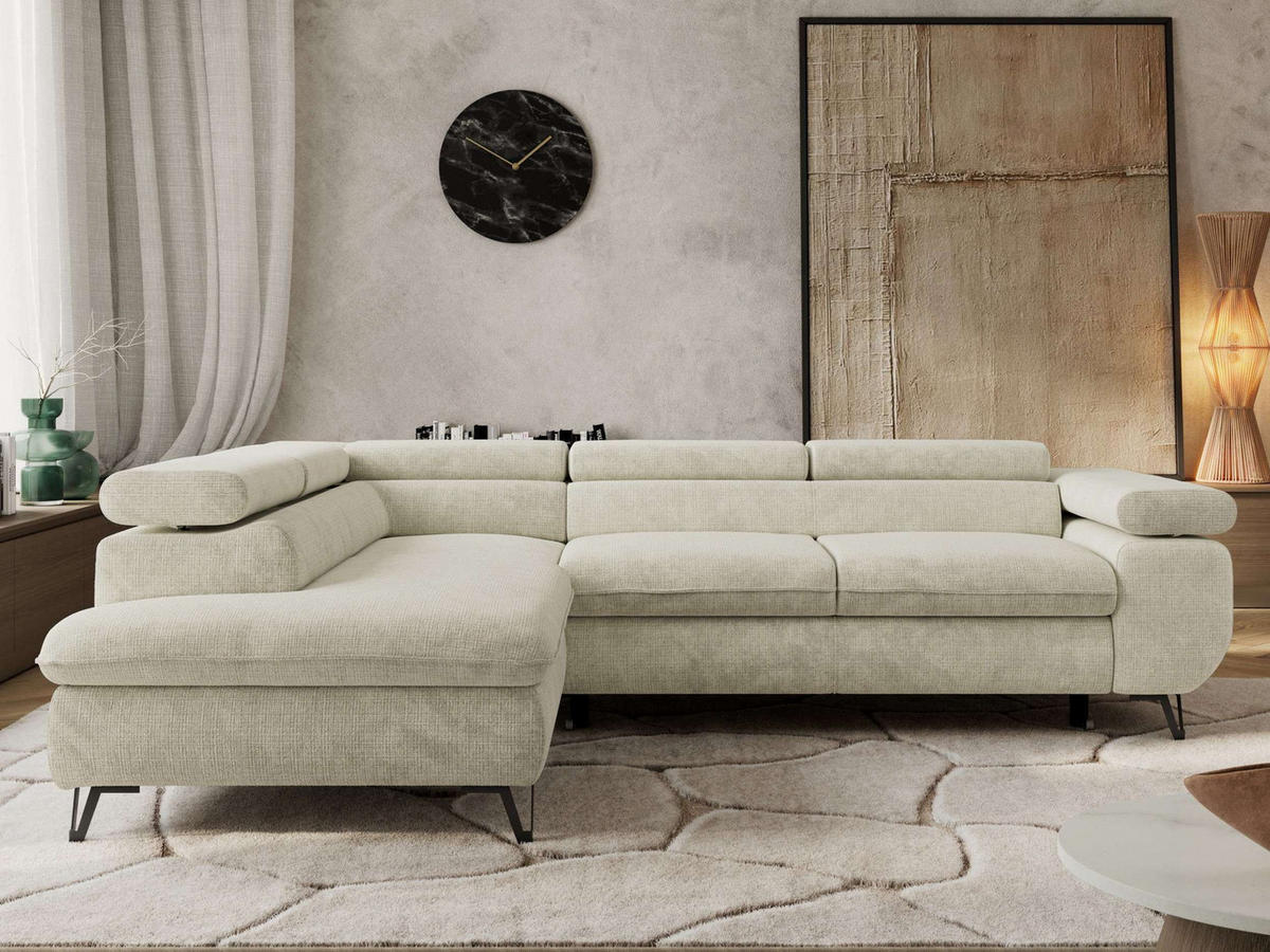 ECKSOFA PABLO L Creme Schenille grob gewebt - Links Seite mit T25 Topper - Creme/Schwarz, Textil/Metall (208/273cm) - MKS