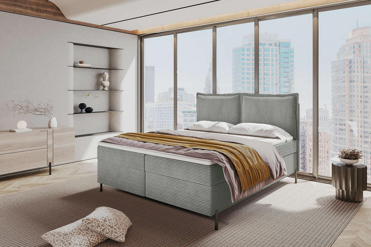 BOXSPRINGBETT VERO Cordstoff Hellgrau 140/200 cm - Hellgrau/Schwarz, Holzwerkstoff/Textil (140/200cm) - 99rooms