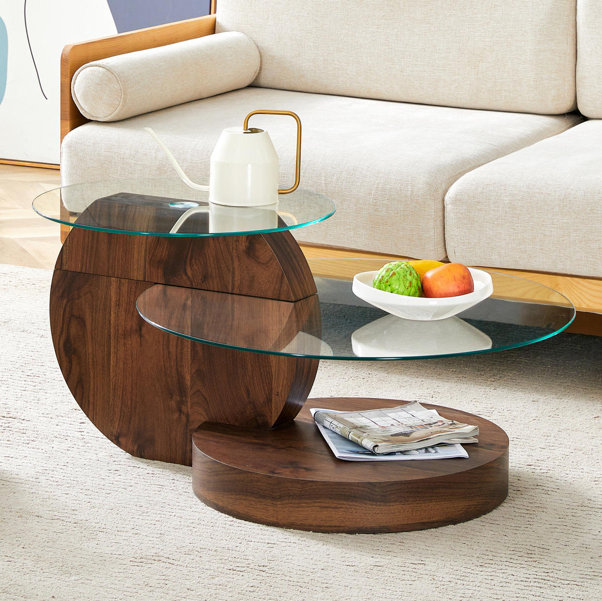 COUCHTISCH mit Glasplatten 50/70 cm aus MDF in Walnussfarben - Walnussfarben, Holzwerkstoff (90/70/44cm) - Flora Grace
