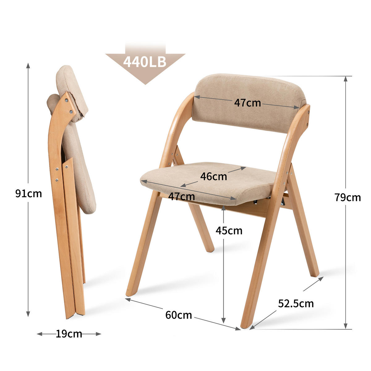 KLAPPSTUHL DE-36260 2er-Set mit gepolstertem Sitz Khaki - Sandfarben, Holz (54/60/79cm) - ComfortXL