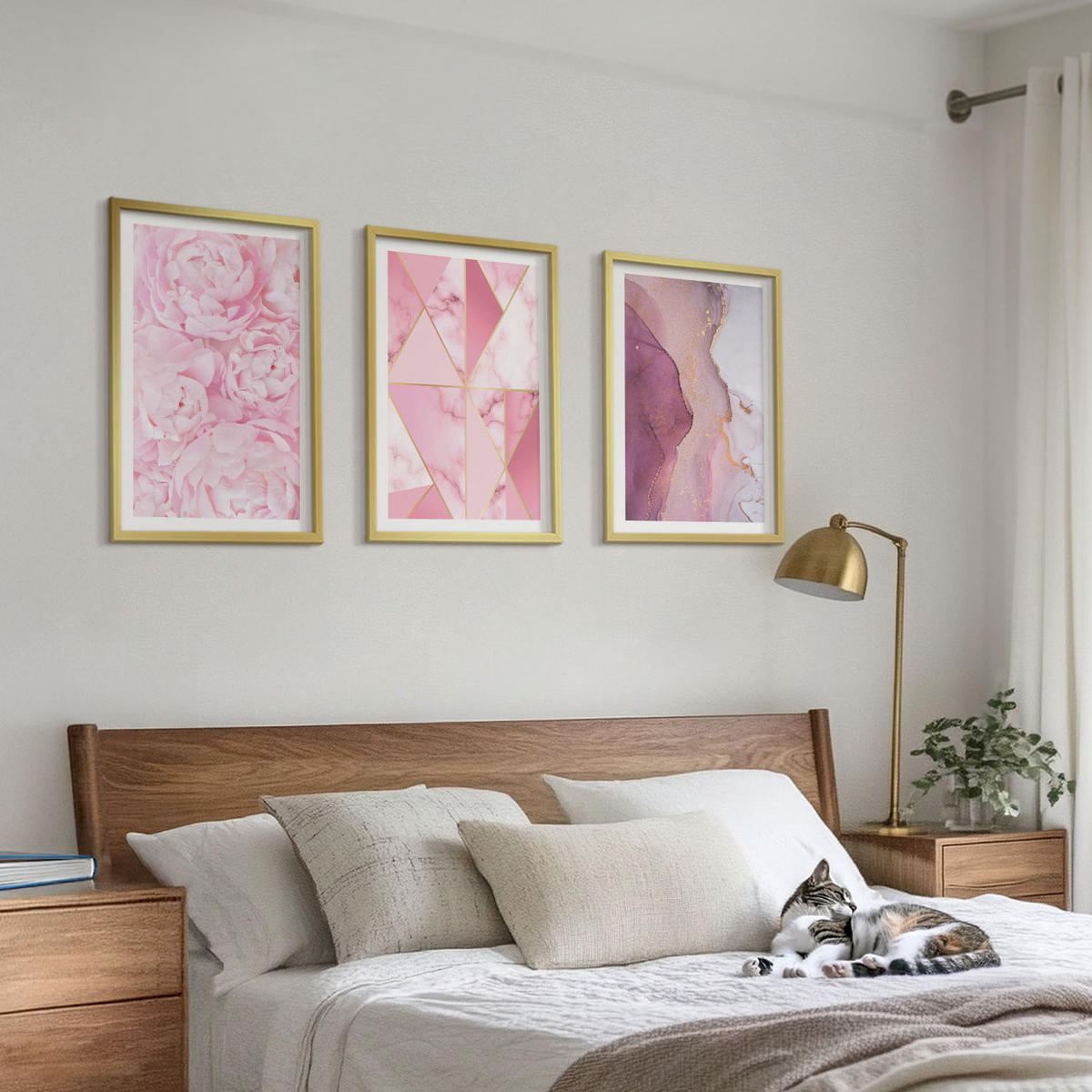 BILDER SET 3er Set - 40x60 cm Goldrahmen - Rosa geometrische Pfingstrosen - Goldfarben, Kunststoff (40/60cm) - TULUP