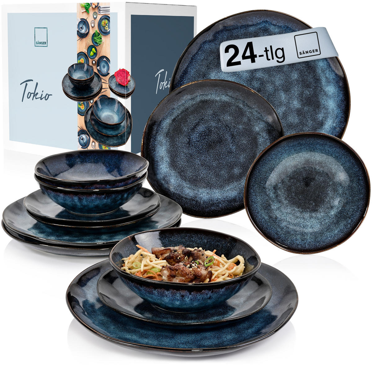 SÄNGER Steingut Geschirrset Tokio, Tafelservice 24 teilig für 8 Personen - Schwarz, Stein (27/5/27cm) - Sänger