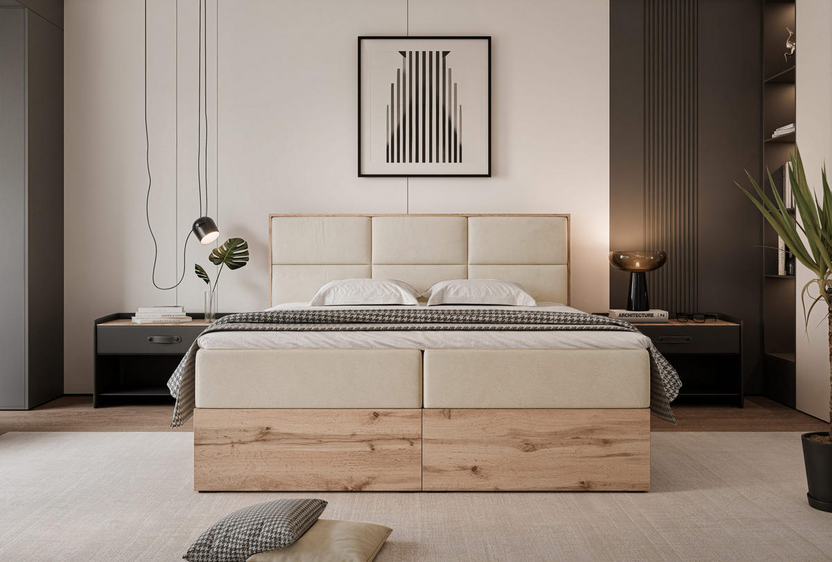 BOXBETT LAVIO 160/200 cm, in Hellbeige, mit Matratze und Topper - Sandfarben, Holzwerkstoff/Textil (160/200cm) - Idohome