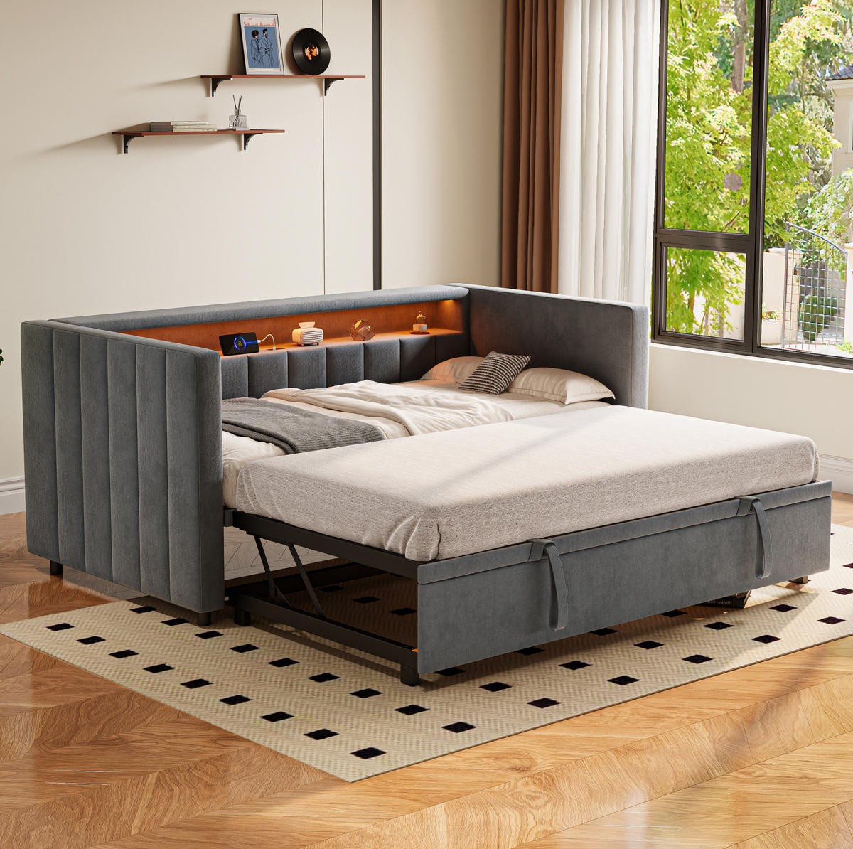 SCHLAFSOFA 90/190 cm mit Ausziehbett, LED-Beleuchtung, USB-Type-C und Samtbezug, Dunkelgrau - Dunkelgrau, Textil (201/73/100cm) - Redom