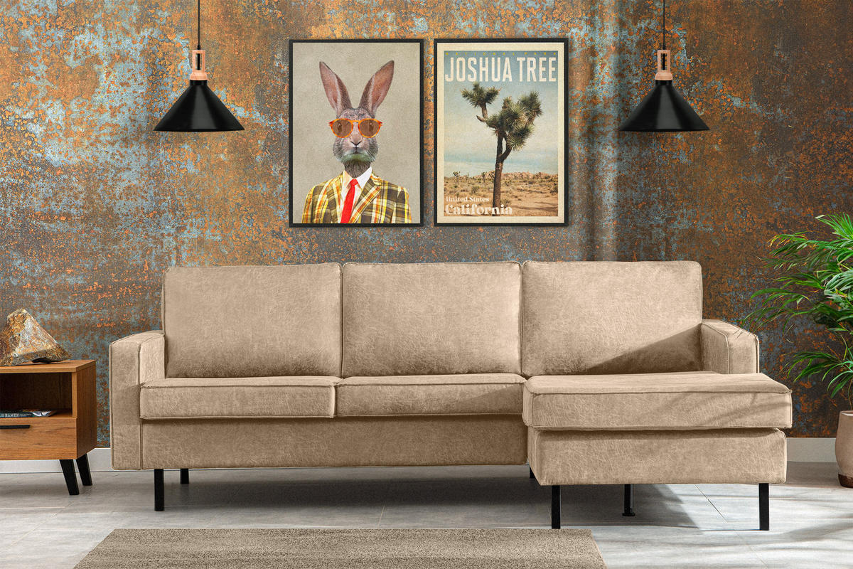 ECKSOFA-RECHTS INVIA mit Armlehnen vintage, Lederoptik-Stoff, beige - Beige/Schwarz, Textil (234/160cm) - KONSIMO®