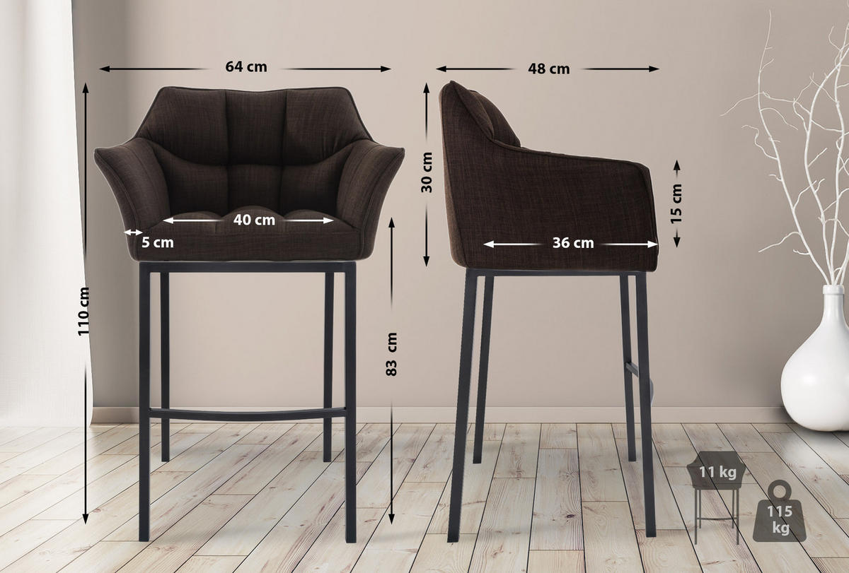 BARHOCKER 2er Set Stoff Braun - Schwarz/Braun, Textil/Metall (64/110/48cm) - CLP